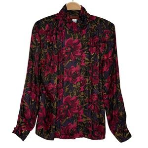 Graham & Gunn Floral‎ Rose Print Silk Top Mock Neck Long Sleeve Burgundy